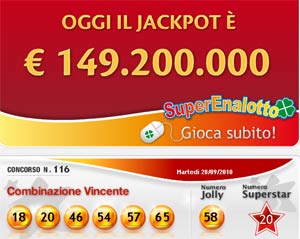 Superenalotto da record, in palio 149,2 milioni di euro