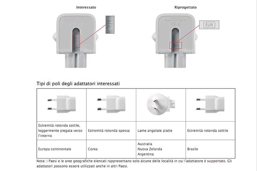 Apple: Avviso importante per i clienti che possiedono alcuni adattatori per la presa a muro CA  e il Kit adattatore internazionale