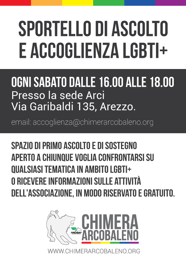 Nasce lo sportello di ascolto e accoglienza LGBTI+ ad Arezzo. Un nuovo servizio dell’associazione Chimera Arcobaleno per il benessere della comunità: ogni sabato dalle 16 alle 18 presso la sede Arci di Arezzo