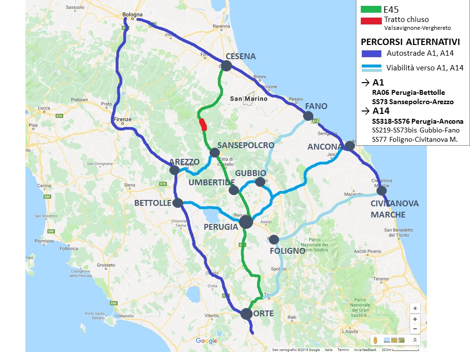 Chiusura E45, ANAS: i percorsi alternativi per il traffico sulla direttrice Orte-Cesena