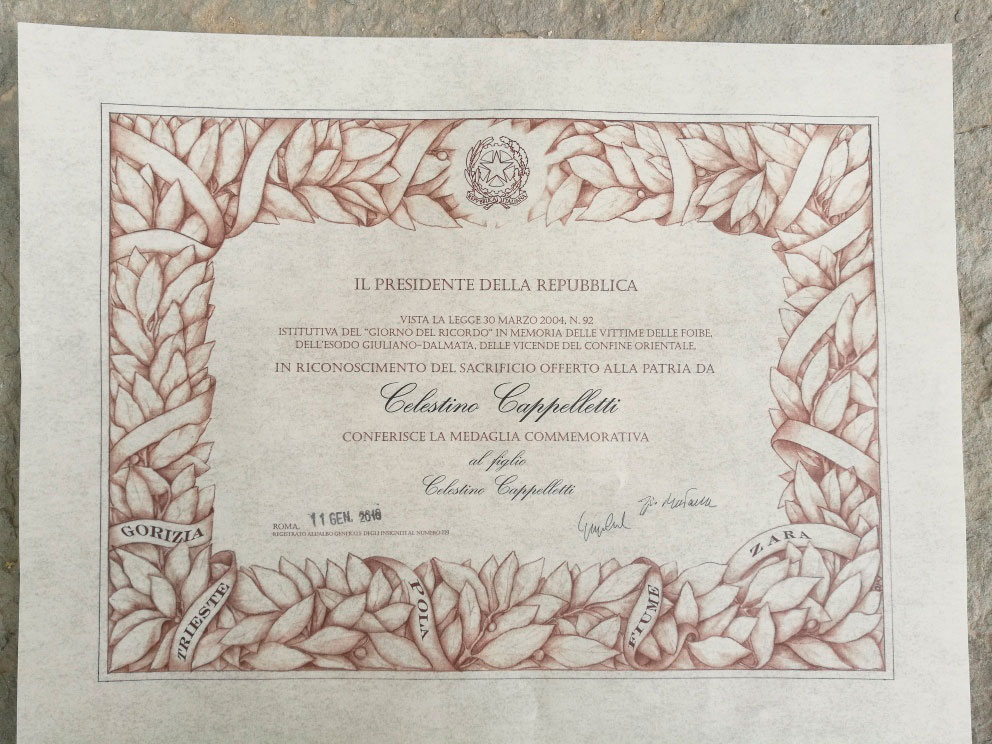 Il castiglionese Celestino Cappelletti ha ricevuto una medaglia in ricordo di suo padre barbaramente ucciso dai partigiani slavi