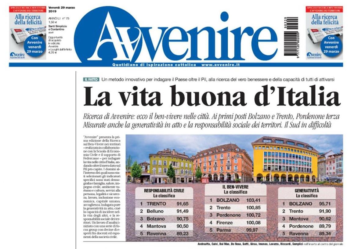 Ben Vivere nei territori, nella calssifica di Avvenire Arezzo 56esima in Italia e al settimo posto in Toscana