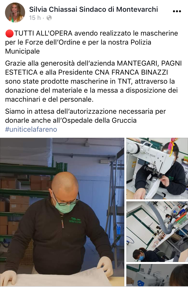 Aziende aretine mettono a disposizione materiale e macchinari per produrre mascherine
