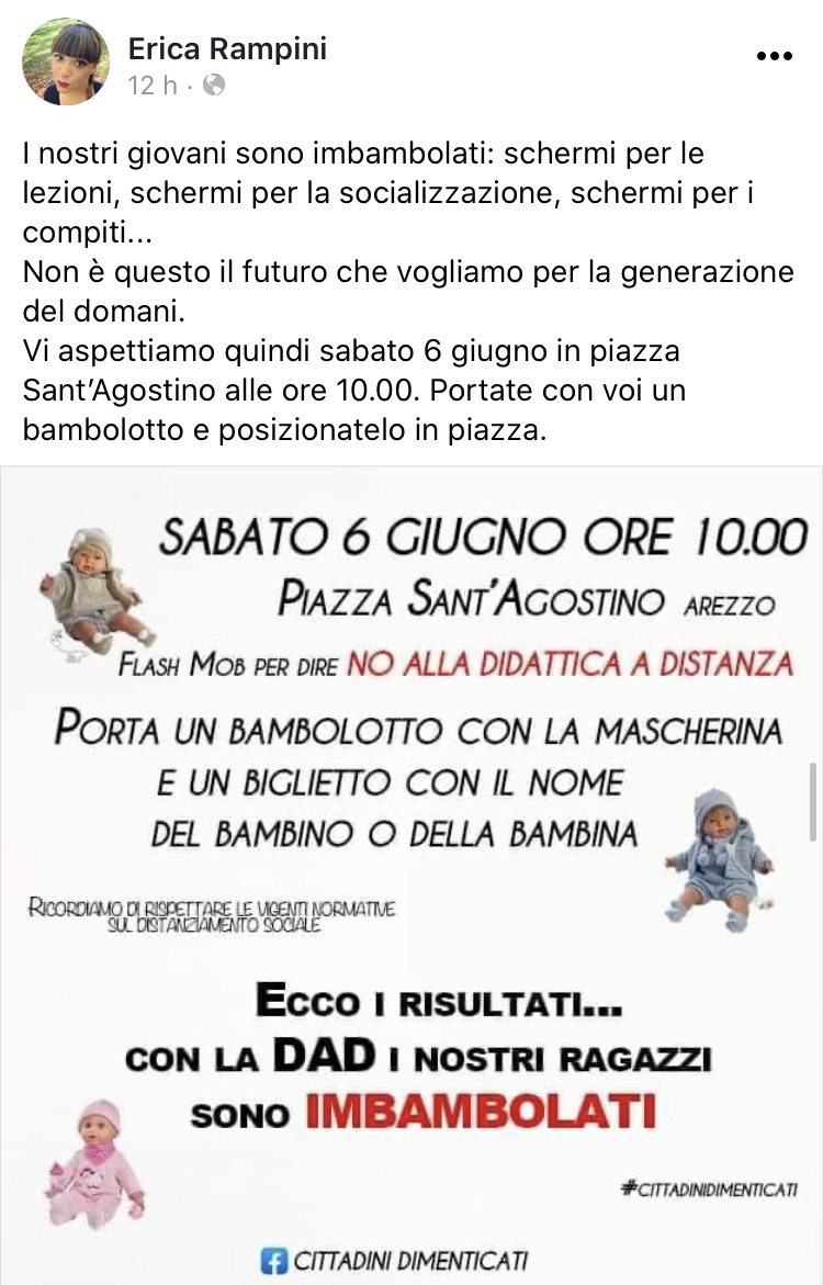Flash mob per dire no alla didattica a distanza. Bambolotti con la mascherina a Sant’Agostino