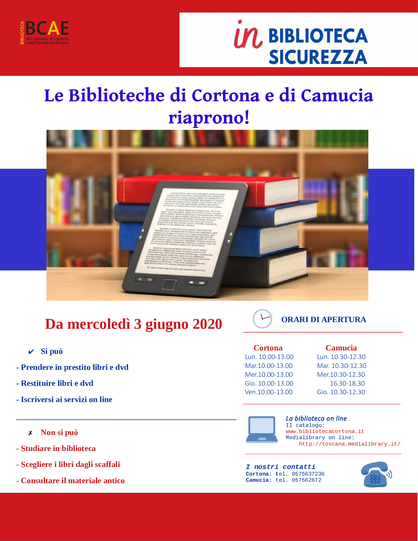 Riaprono le biblioteche di Cortona e Camucia