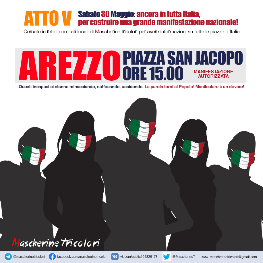 Mascherine tricolori, protesta ad Arezzo sabato in piazza San Jacopo