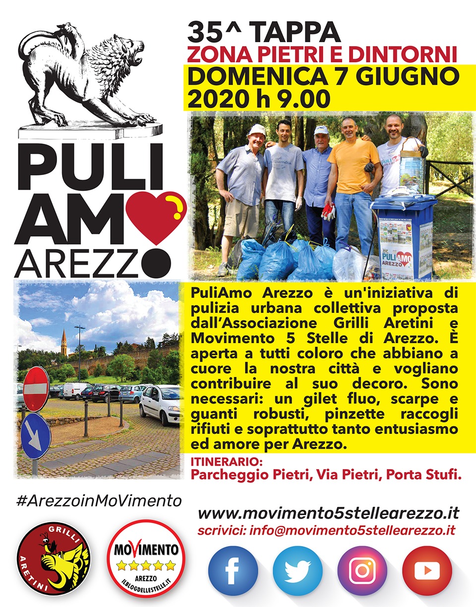 M5S, PuliAmo Arezzo 35^tappa: zona Pietri e dintorni, domenica 7 giugno ore 9