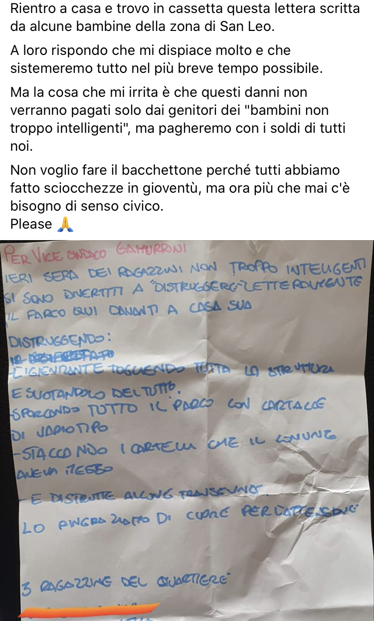 “Quei ragazzini hanno danneggiato il parco”, bambine lasciano lettera in cassetta al vicesindaco ‘denunciando’ l’accaduto