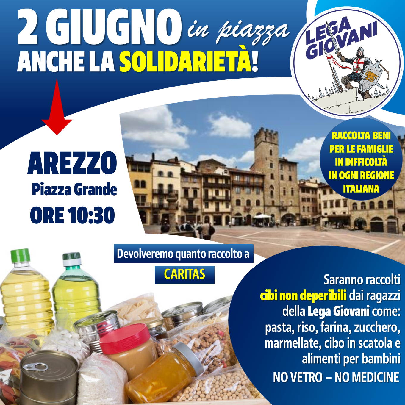 Rivi: “Il 2 Giugno in Piazza Grande anche la Solidarietà: raccolta alimentari della Lega Giovani per le famiglie in difficoltà”