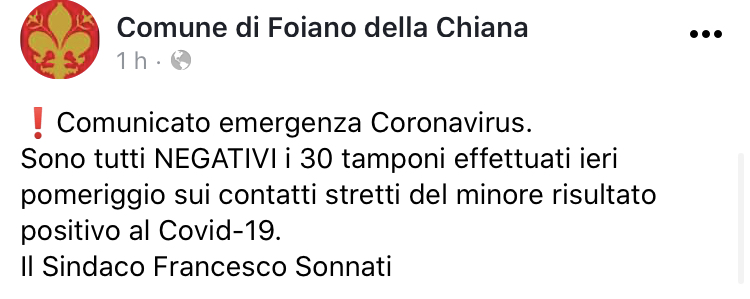 “Tutti negativi i tamponi sui contatti stretti del minore”
