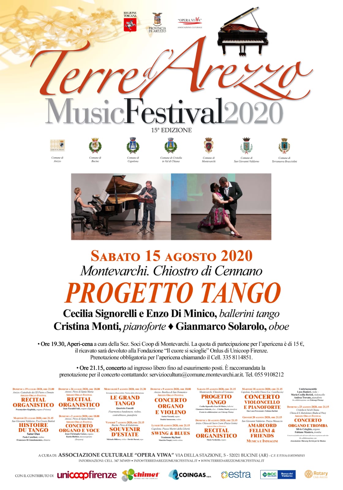Si conclude “Montevarchi Estate 2020”, sabato 15 agosto al Chiostro di Cennanno con un apericena e lo spettacolo “Progetto Tango”