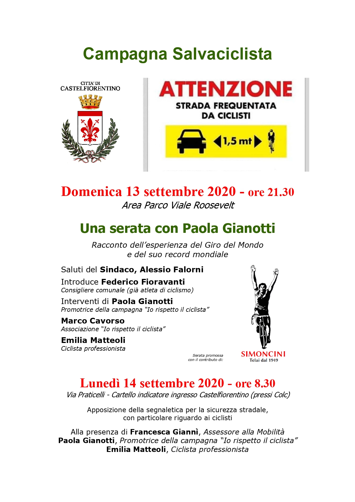 Castelfiorentino, due giorni dedicati alla campagna “SalvaCiclista”