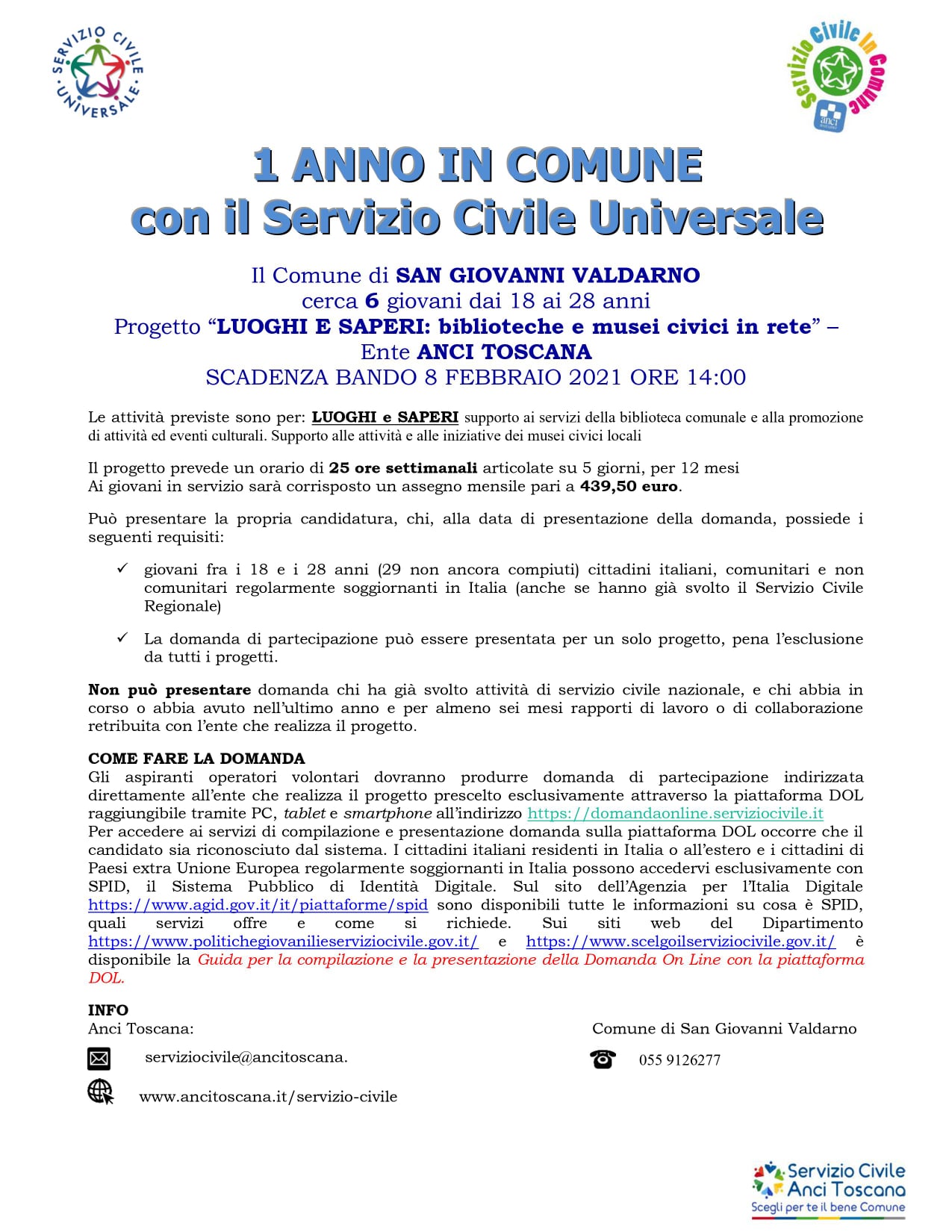6 posti per il Servizio Civile Anci Toscana a San Giovanni V.no