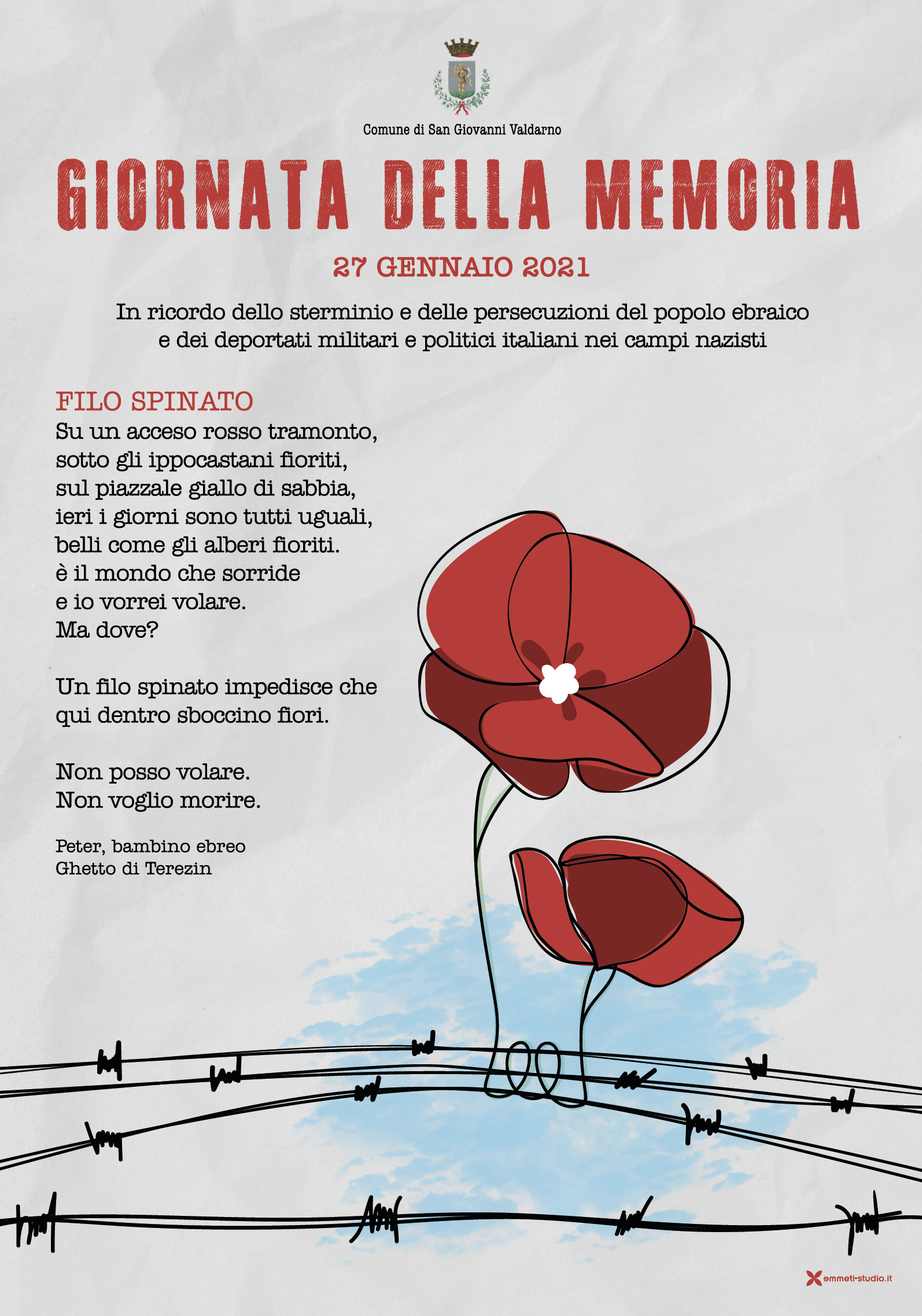 San Giovanni tappezzata con la poesia di Peter, bambino ebreo morto nel lager