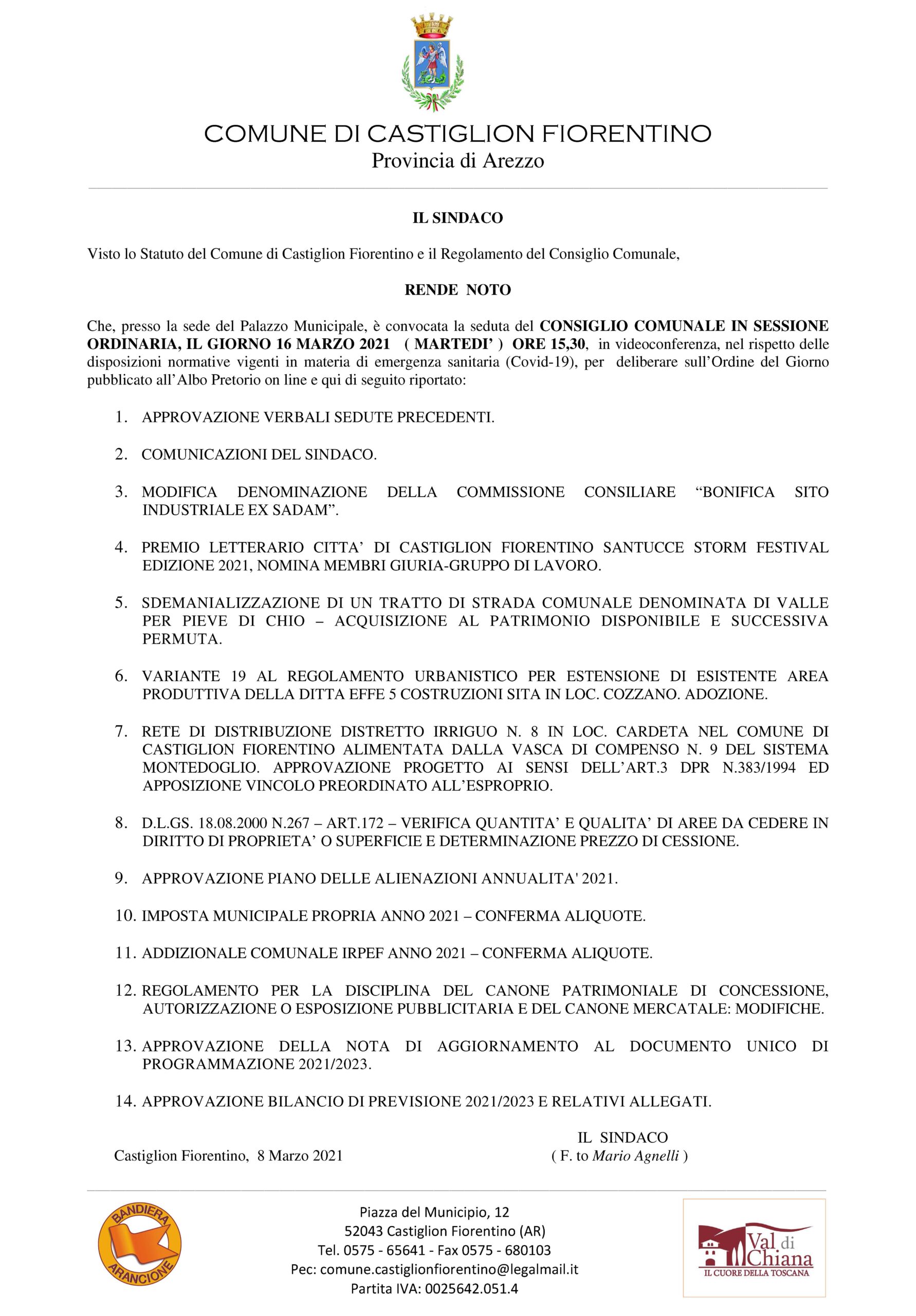Castiglion F.no: prossimo consiglio comunale il 16 marzo