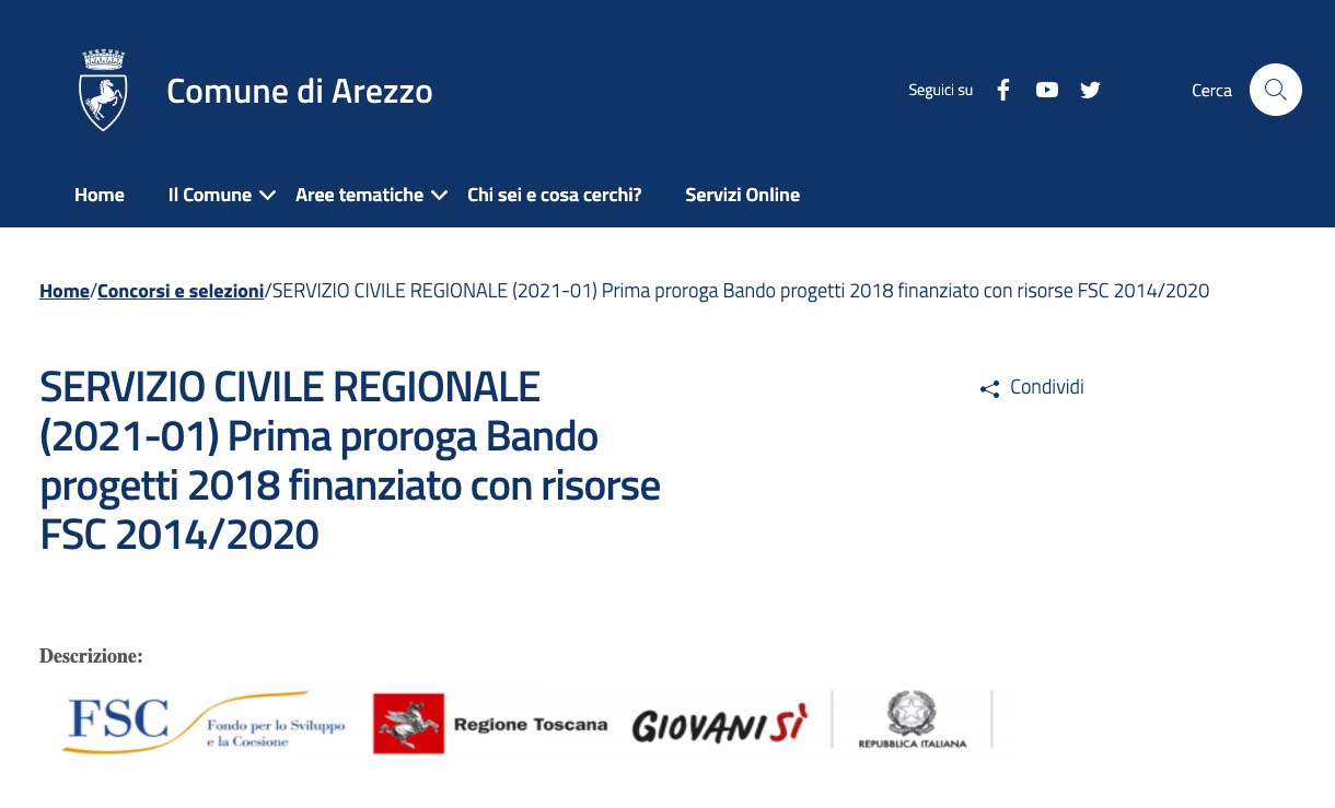 Servizio Civile Regionale: bando per 48 volontari al Comune di Arezzo