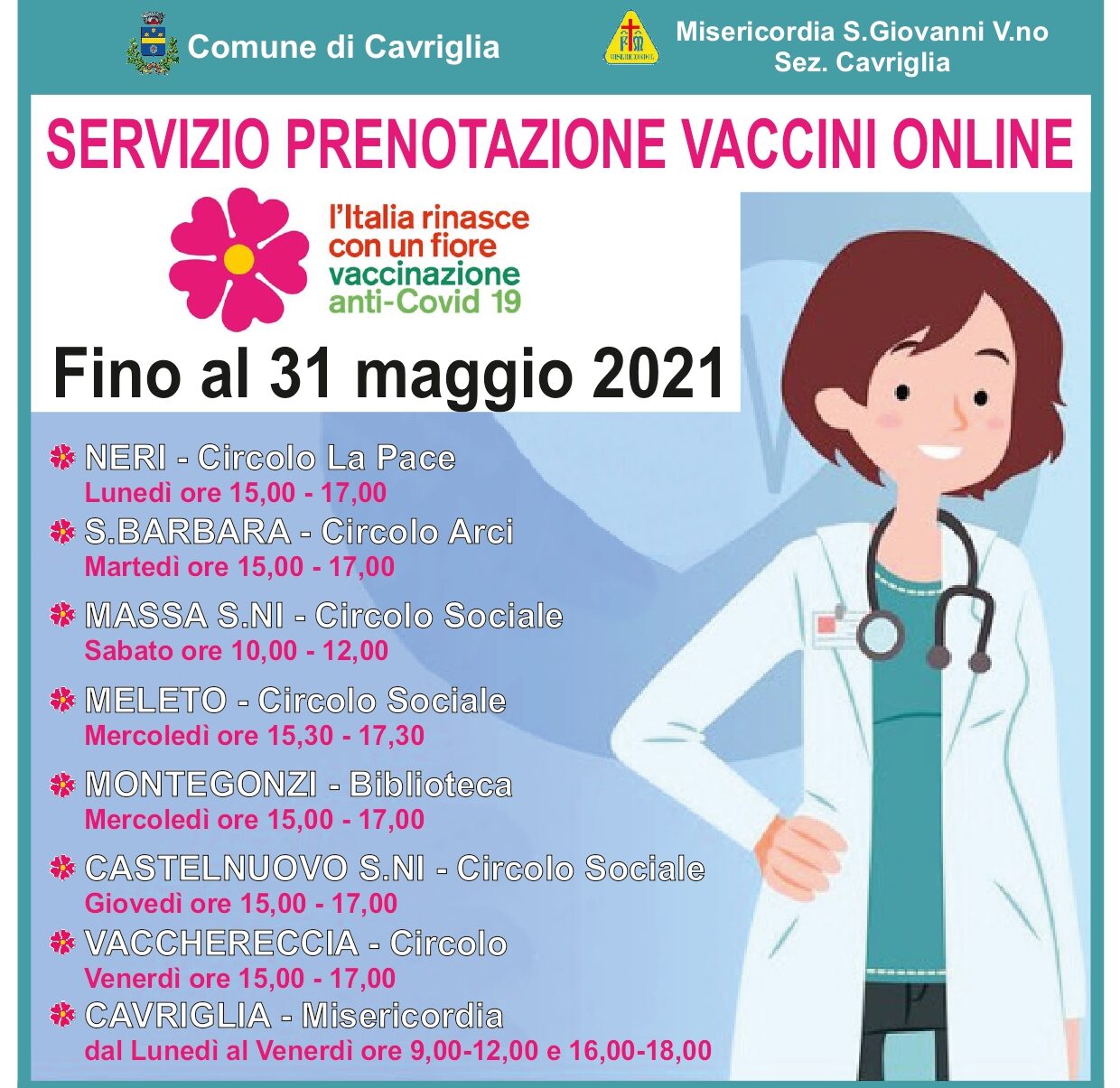 Cavriglia, prorogato fino a fine maggio il servizio gratuito di prenotazione online dei vaccini