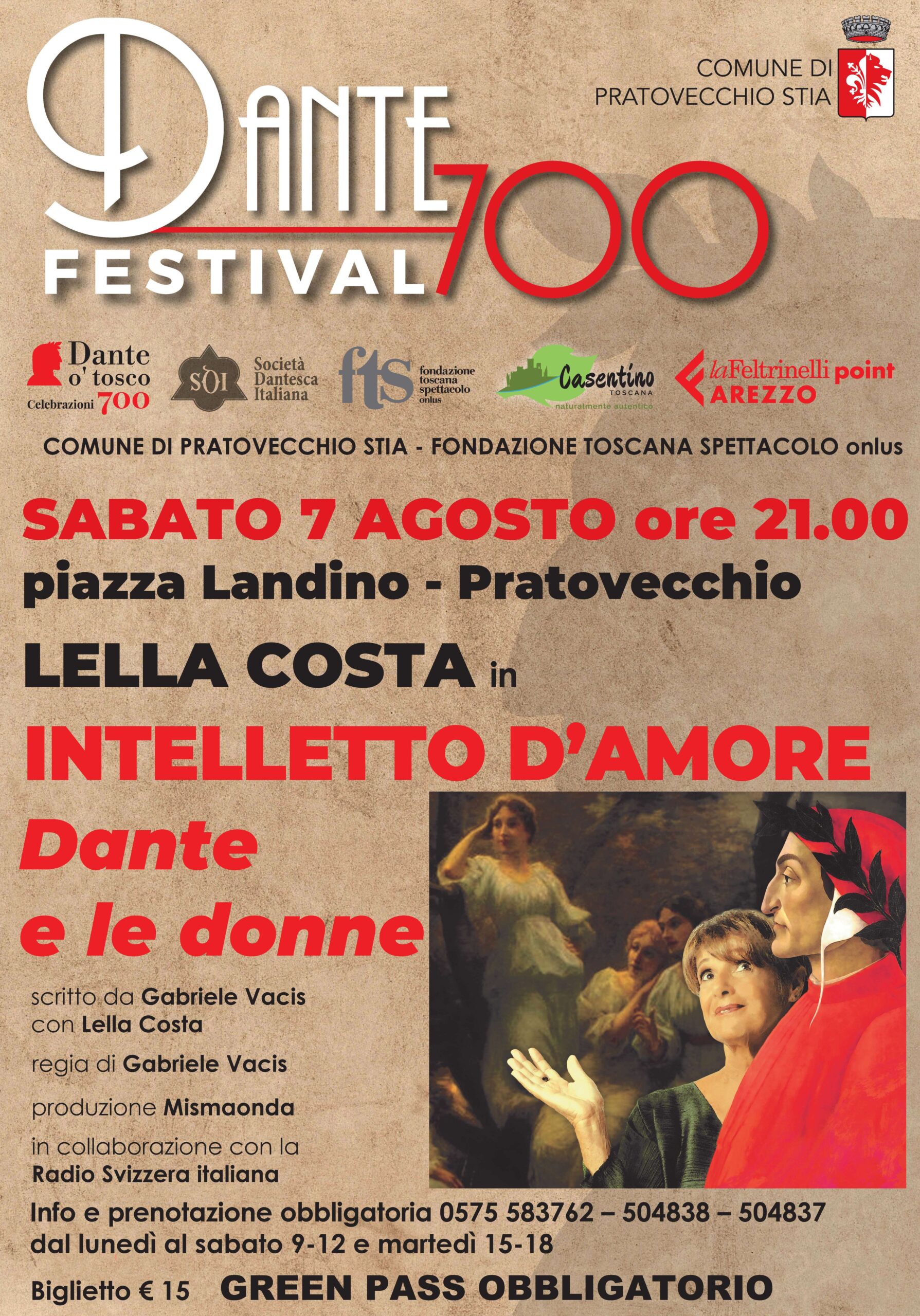 Pratovecchio: sabato 7 agosto Lella Costa racconterà le donne di Dante Alighieri