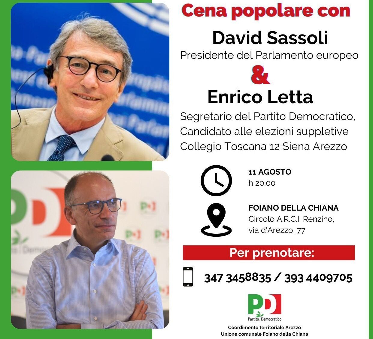 11 agosto, Renzino: cena popolare con Letta e Sassoli