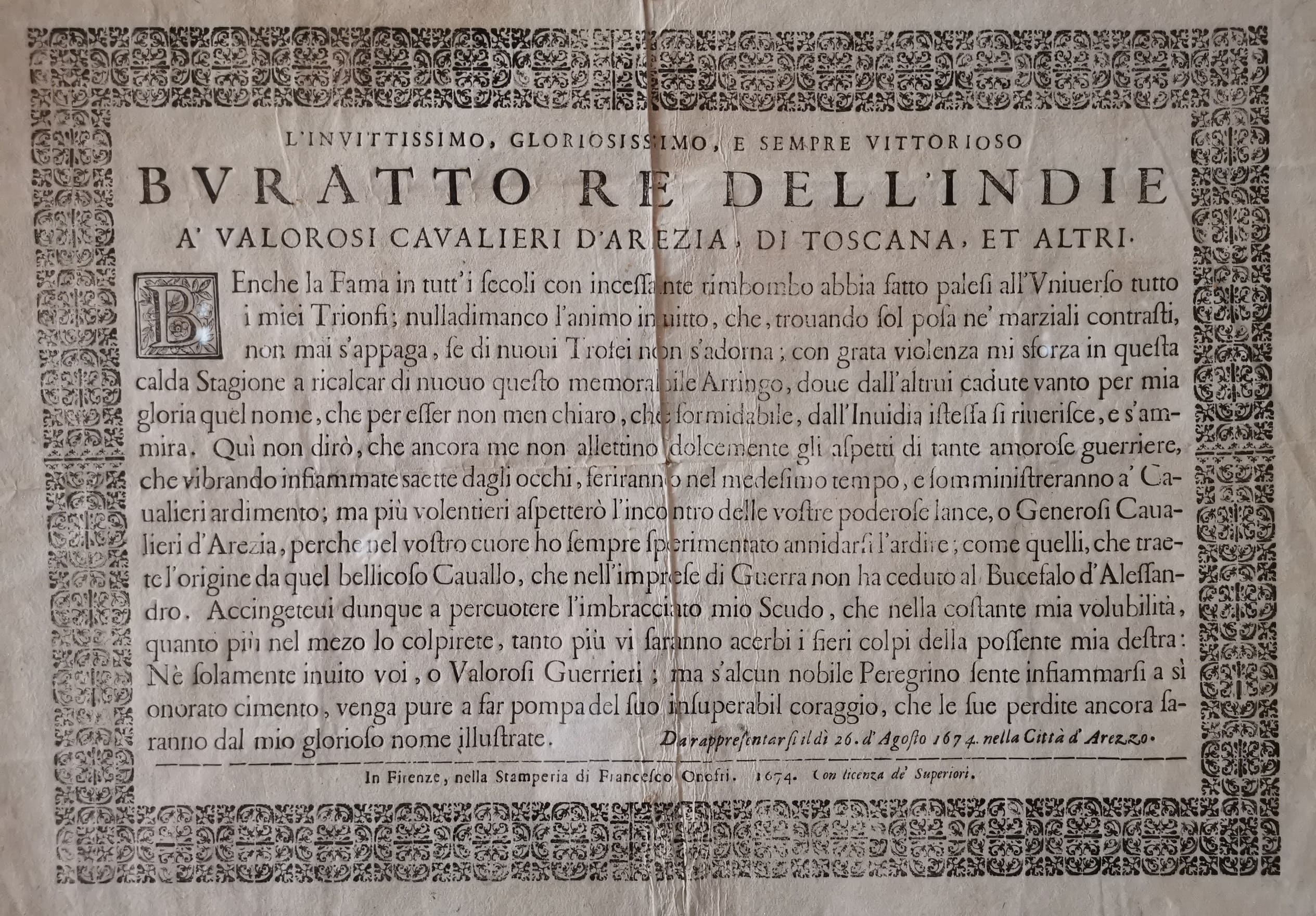 In occasione della Fiera Antiquaria e della Giostra del Saracino, la Fondazione Bruschi invita a scoprire lo storico “proclama” della sfida agli aretini da parte del Buratto