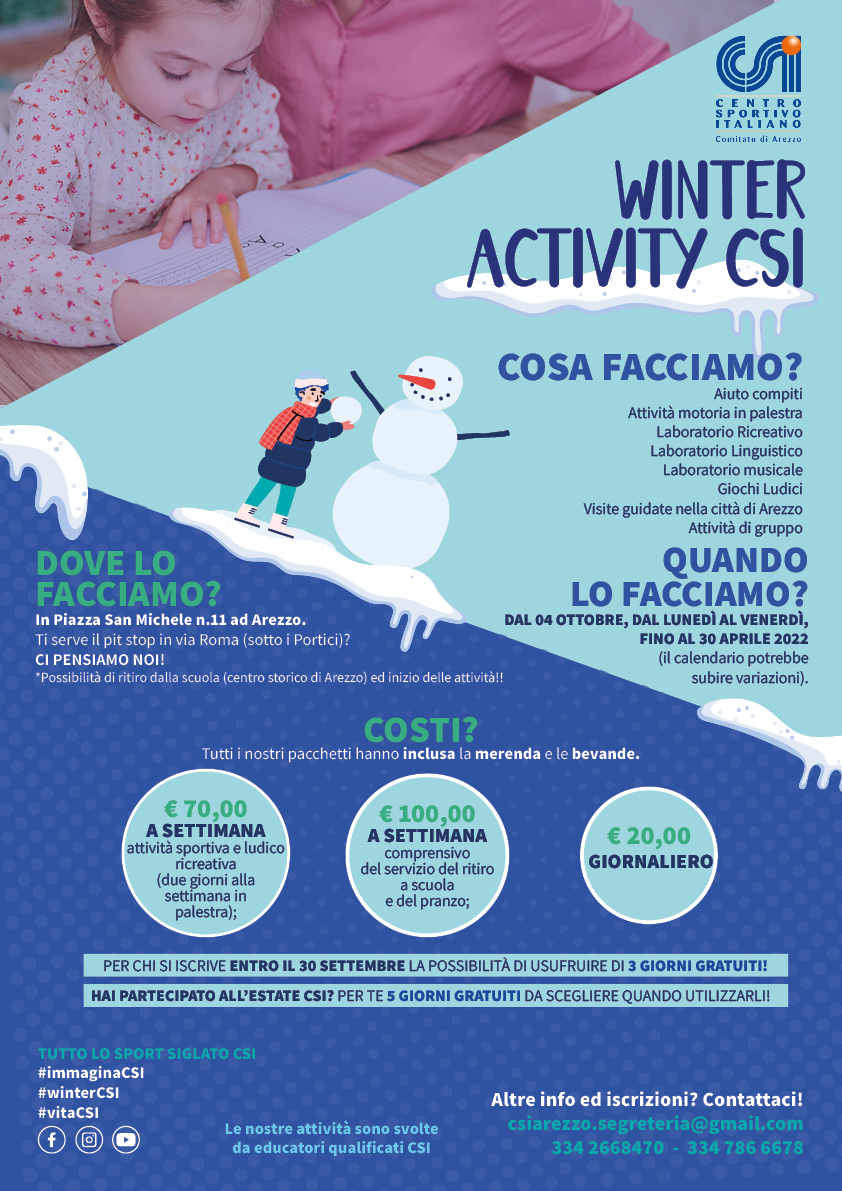 “Winter CSI”: da lunedì 4 ottobre al via il progetto educativo del CSI Arezzo