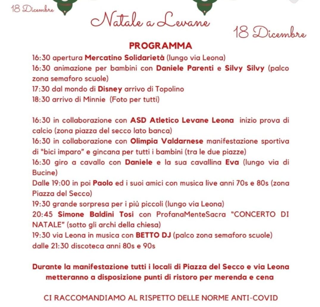 Sabato 18 dicembre si svolgerà la manifestazione “Natale a Levane”