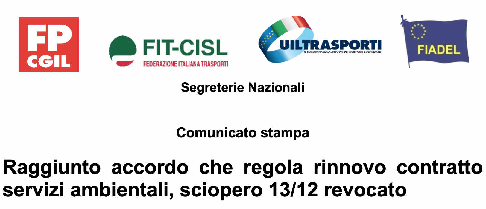 Raggiunto accordo che regola rinnovo contratto servizi ambientali, sciopero 13/12 revocato