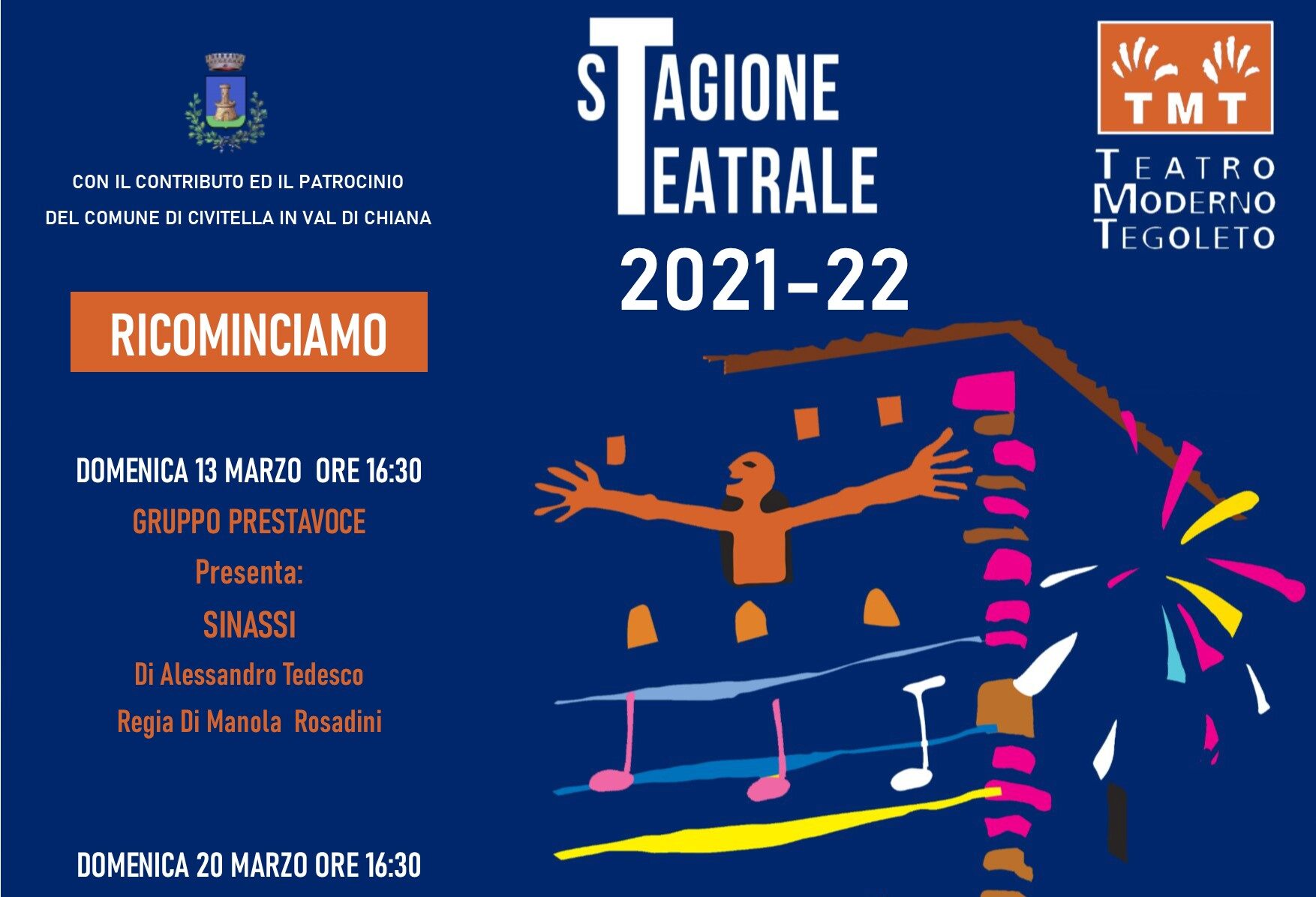 Al via la seconda parte della stagione teatrale al Teatro Moderno di Tegoleto: tre appuntamenti in cartellone a marzo