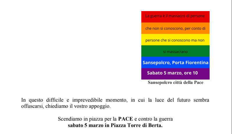 Sansepolcro: iniziativa per la Pace Sabato 5 Marzo