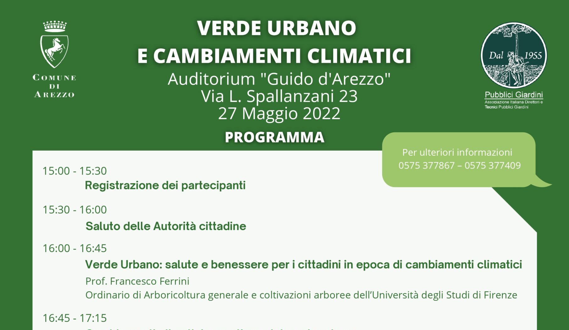 “Verde Urbano e Cambiamenti Climatici”: venerdì 27 maggio all’Auditorium “Guido d’Arezzo”