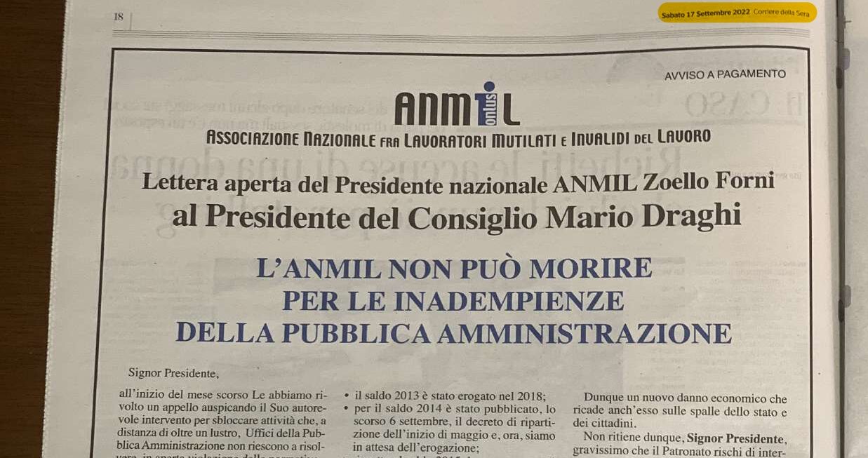 Appello a Draghi: “L’ANMIL non può morire per inadempienze della Pubblica Amministrazione”