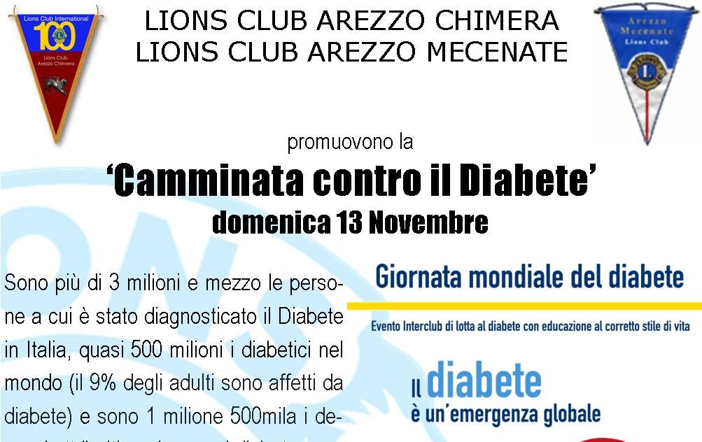 Lions Club Arezzo Chimera e Arezzo Mecenate organizzano una “Camminata contro il Diabete”