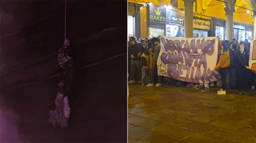 A Bologna i centri sociali appendono un fantoccio di Giorgia Meloni a testa in giù
