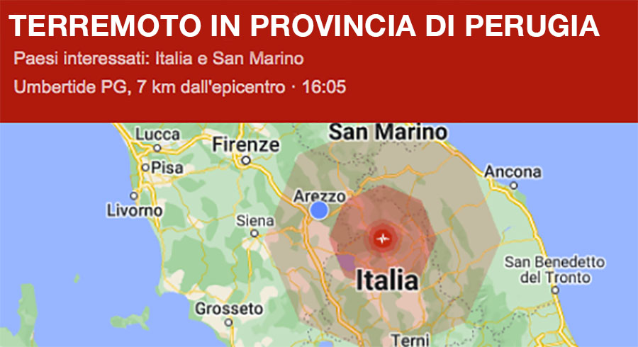 Terremoto magnituto 4,4 a Umbertide in provincia di Perugia, avvertito anche nell’aretino