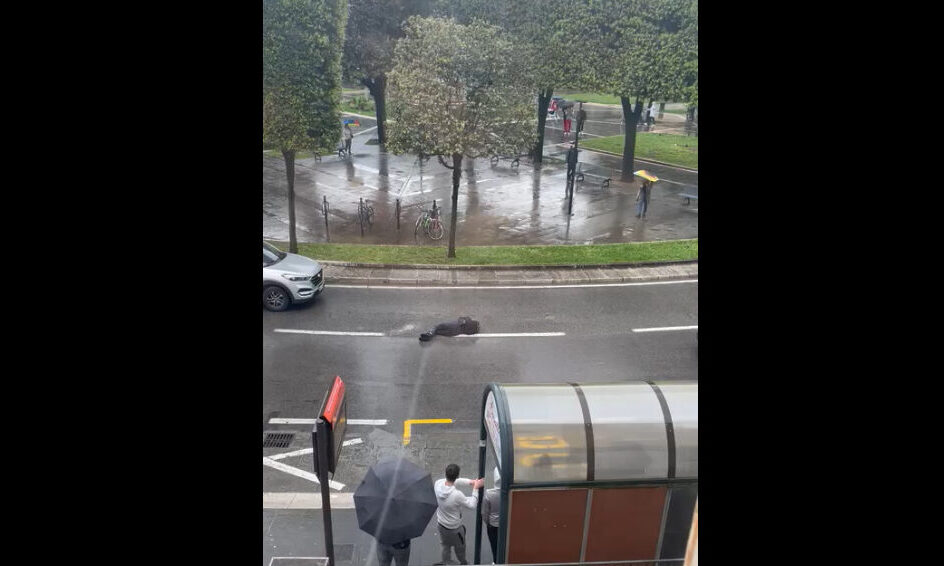 Stesa sulla strada come morta, urla quando la fanno alzare: il video